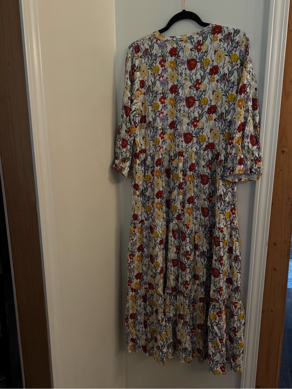 Floral Tiered Midi Dress in White with Red & Yellow Flowers